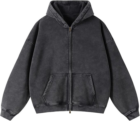 Premium Oversized Zip Hoodie – Washed Black